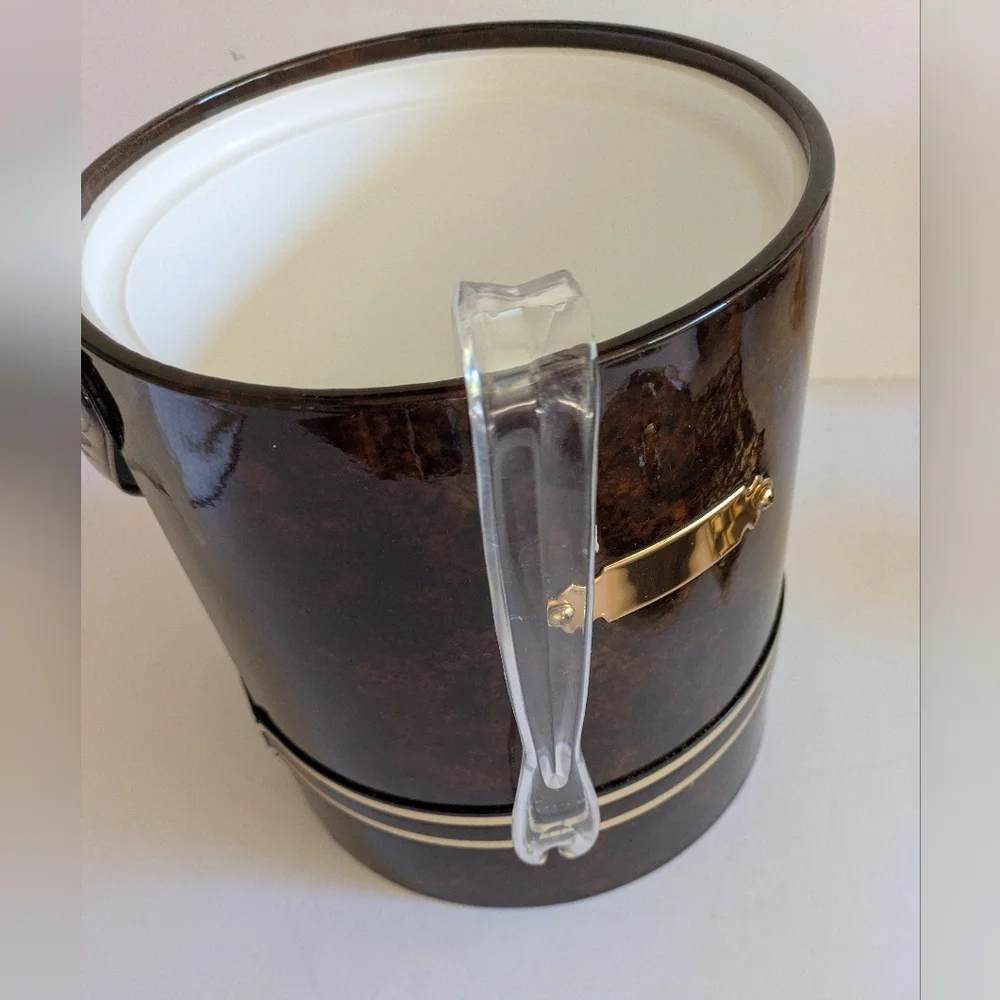 Ice Bucket Faux Tortoise With Lid Vintage Made USA Monogram Letters Thongs